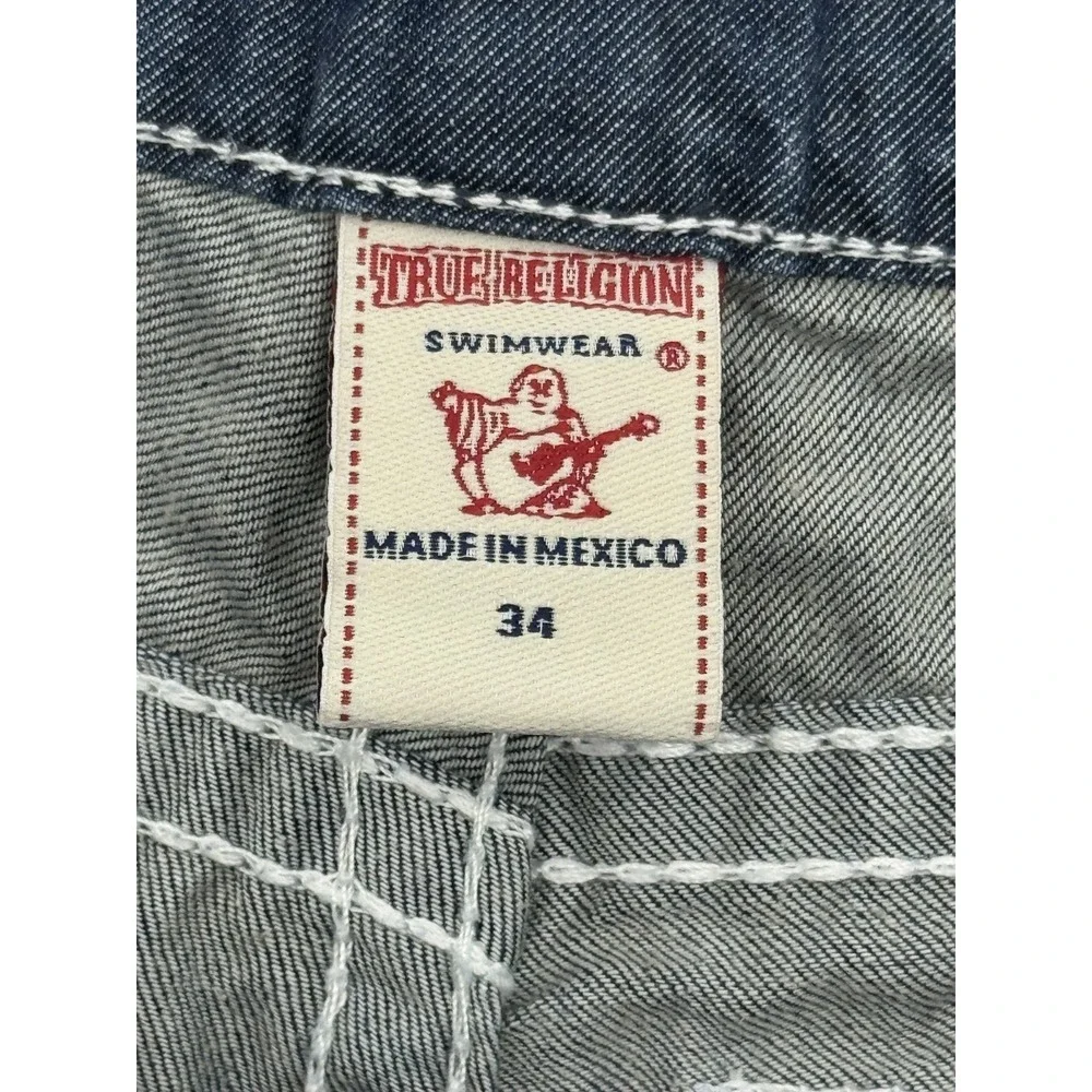 True Religion Surf Board Shorts Men's Size 34 Blue Denim Swim Trunks Y2K